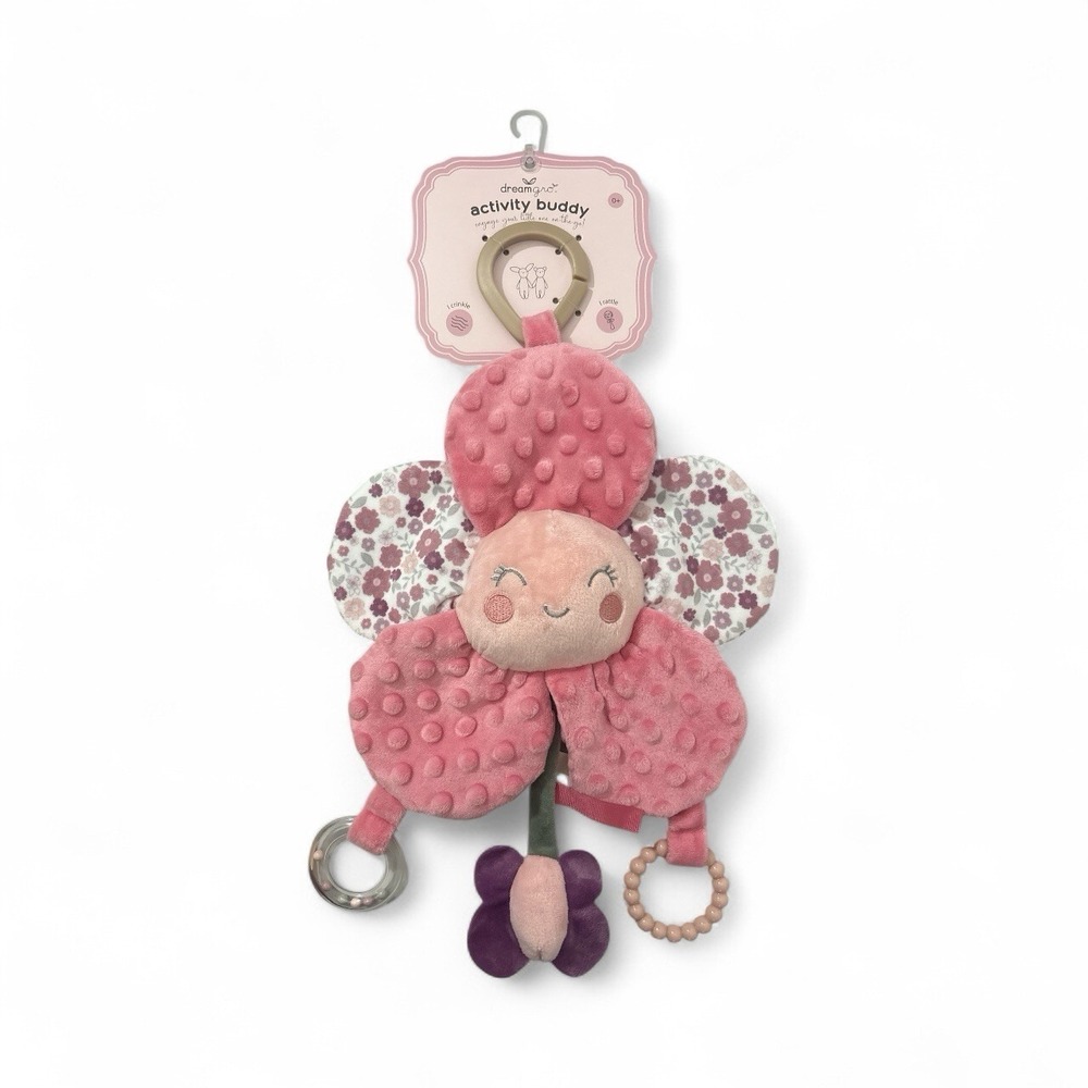 DreamGro Fuzzy Flower Activity Buddy Lovey Plush Stroller Toy Rattle Crinkle
